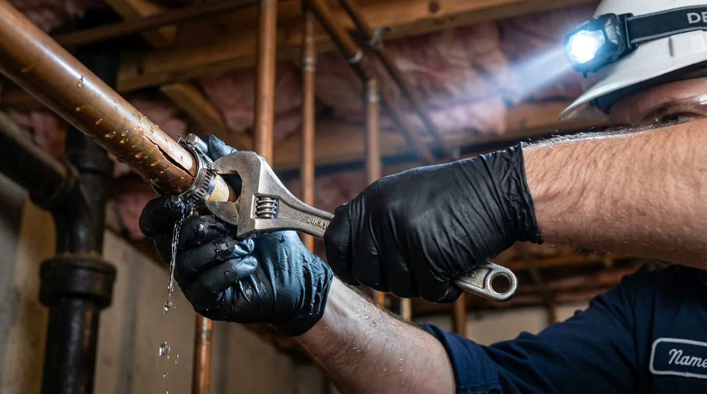 Emergency pipe clamp repair being performed by a Johns Plumbing LLC plumber in Robertsdale
