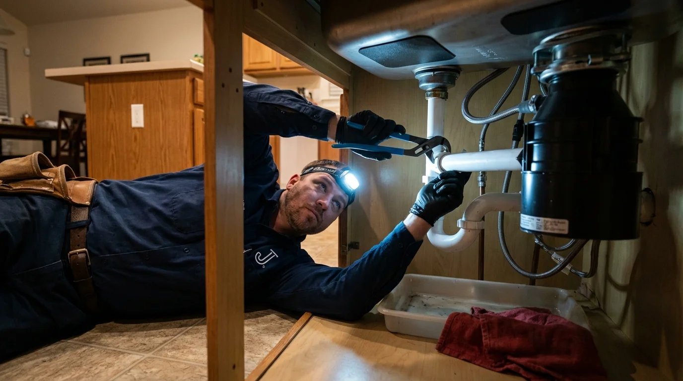 P-trap and supply line connections under a kitchen sink showing a common leak point in Robertsdale, AL